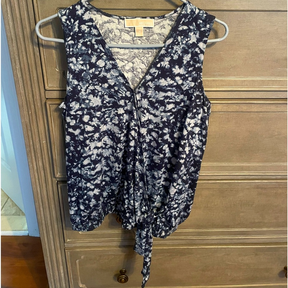 Michael Kors Navy and White Floral Tie-Front Blouse